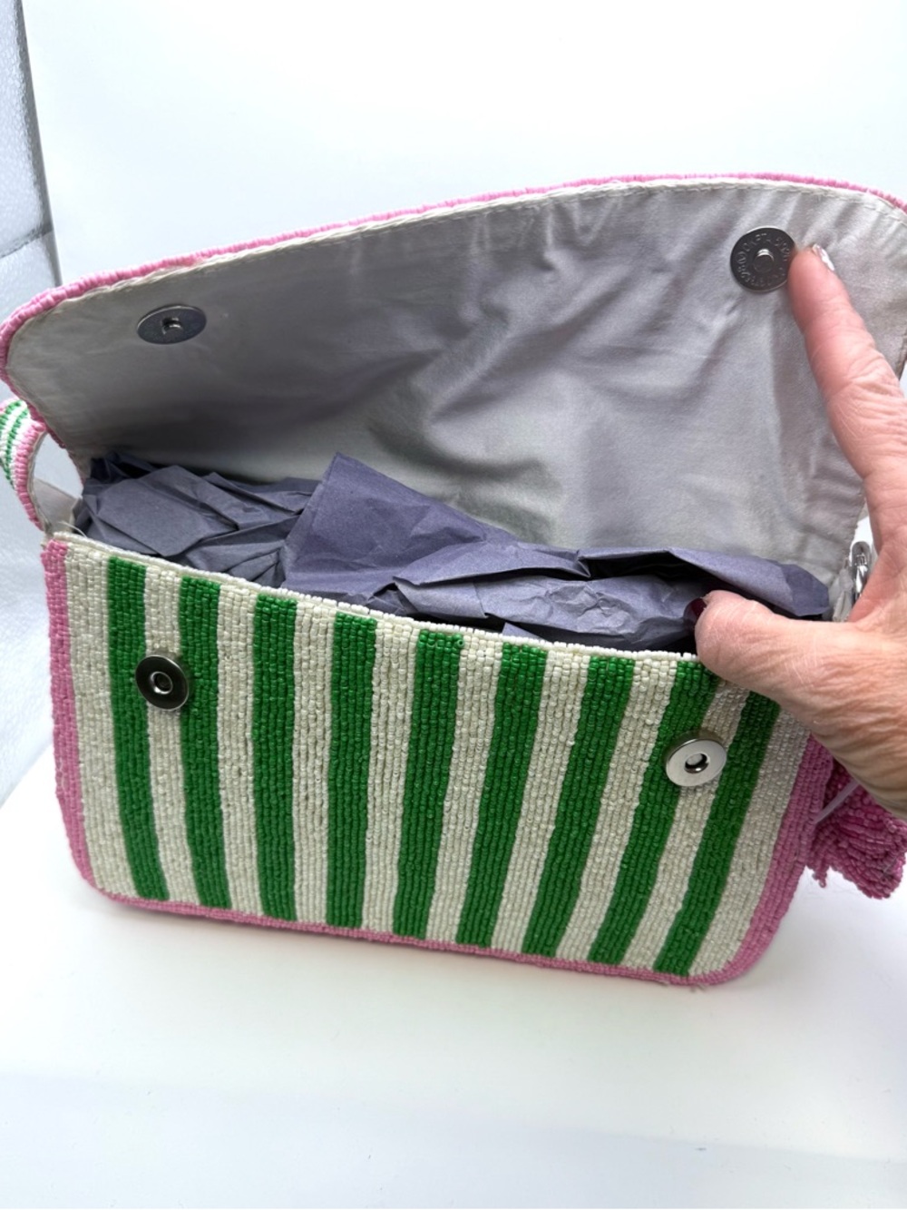 Striped Pink & Green Beaded Shoulder Bag - Picture 5 of 6